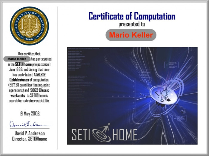 Altes Seti@Home-Zertifikat des Autors (Bild: Mario Keller)
