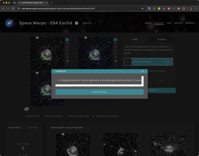 Gravitationslinsen markieren für das Space-Warps-Projekt (Bild: Mario Keller)