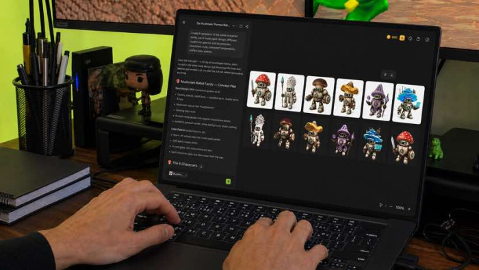 Meshys 3D-Agent generiert aus einem einzigen Prompt eine komplette Charakterfamilie: sechs Roboter-Varianten mit einheitlichem Design, konsistenten Proportionen und abgestimmter Farbpalette. (Bild: Meshy)