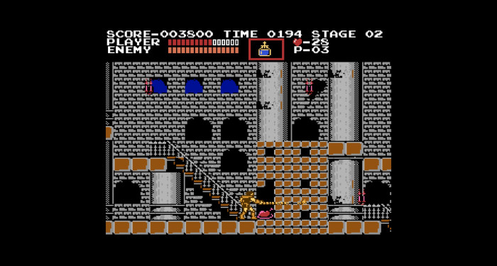 In Castlevania gibt es viele versteckte Power-Ups und Wege. Es verbirgt sich beispielsweise in einer Wand diese punktebringende Hähnchenkeule. (Bild: Konami; Screenshot: Medienagentur Plassma/Olaf Bleich)