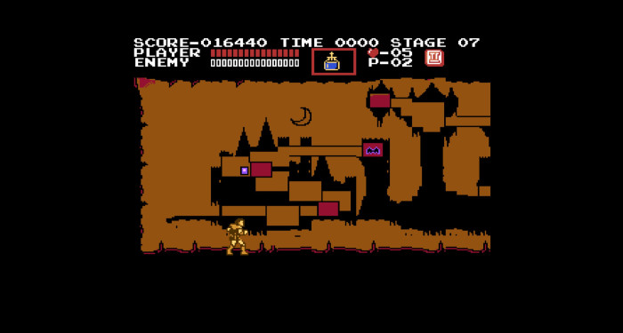 Zwischen den Levels beobachten wir, wie Simon von einem Bereich von Draculas Schloss zum nächsten wandert. (Bild: Konami; Screenshot: Medienagentur Plassma/Olaf Bleich)