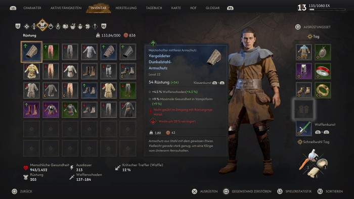Das Inventar ist groß, aber erstaunlich übersichtlich. (Bild: Revel Wolves / Screenshot: Golem)