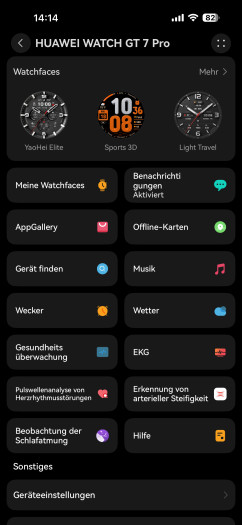Das Optionenmenü der Uhr in der App. (Bild: Huawei / Screenshot: Golem)