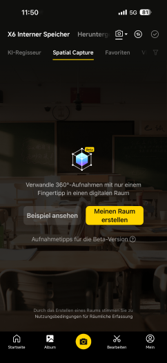 Das Erstellen der 3D-Räume läuft über dieses Menü. (Bild: Insta360 / Screenshot: Golem)