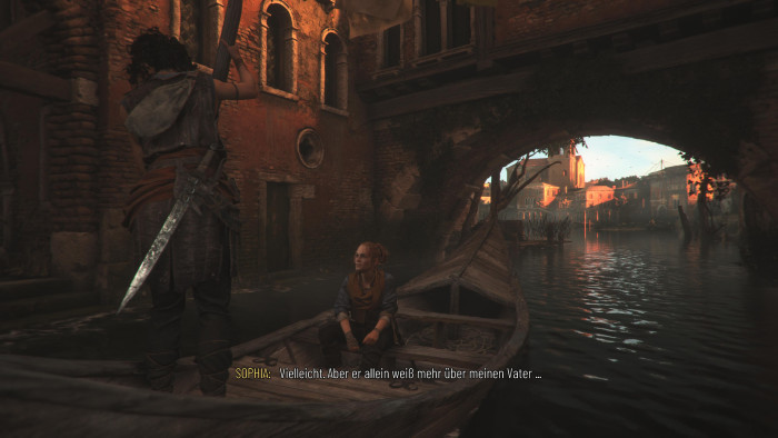 Leni und Sophia sind in einer Stadt unterwegs, die Venedig ähnelt. (Bild: Asobo Studio/Screenshot: Golem)