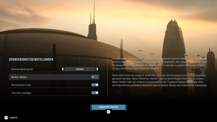 Permadeath und Beskar können wir vor dem Start der Kampagne abschalten. (Bild: EA / Screenshot: Golem)