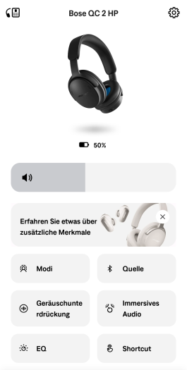 Die Bose-App zeigt den Akkustand des Quiet Comfort Kopfhörers 2 nur zweistellig und damit entsprechend ungenau an. (Bild: Bose/Screenshot: Golem)