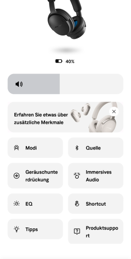 Diese Einstellungen gibt es für den Quiet Comfort Kopfhörer 2 auf der Startseite der Bose-App. (Bild: Bose/Screenshot: Golem)