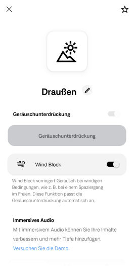 Wollen wir die Anti-Wind-Technik im ANC-Betrieb nutzen, müssen wir erst einen anderen ANC-Modus auswählen und die Einstellungen dafür ändern. (Bild: Bose/Screenshot: Golem)