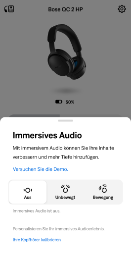 Mit Immersive Audio wird der Klang räumlicher. Die Reaktion auf Kopfbewegungen lässt sich leider nicht abschalten. (Bild: Bose/Screenshot: Golem)