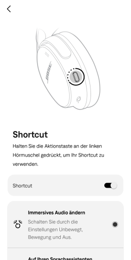 Die ANC-Taste am Quiet Comfort Kopfhörer 2 kann mit einer dieser Funktionen belegt werden. (Bild: Bose/Screenshot: Golem)