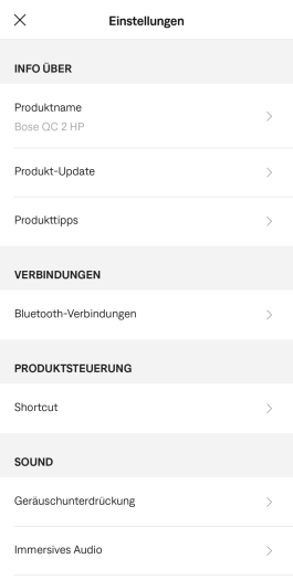 In der App finden sich in einem Untermenü viele doppelte Einträge der Einstellungen des Startbildschirms. (Bild: Bose/Screenshot: Golem)