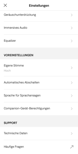 In der App finden sich in einem Untermenü viele doppelte Einträge der Einstellungen des Startbildschirms. (Bild: Bose/Screenshot: Golem)