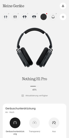 Die App für den Headphone (1) Pro zeigt ein Update an, der Akkustand wird in 5er Schritten angegeben. (Bild: Nothing/Screenshot: Golem)