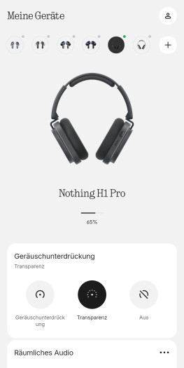 Im Transparenzmodus gibt es für den Headphone (1) Pro keine weiteren Einstellungen. (Bild: Nothing/Screenshot: Golem)