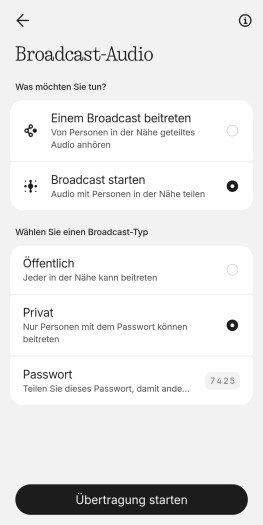 Die auf dem Headphone (1) Pro laufende Musik kann mittels Auracast an andere Kopfhörer oder Lautsprecher weitergereicht werden. Wahlweise mit PIN-Schutz. (Bild: Nothing/Screenshot: Golem)