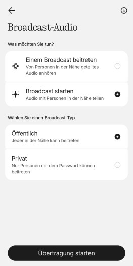 Die auf dem Headphone (1) Pro laufende Musik kann mittels Auracast an andere Kopfhörer oder Lautsprecher weitergereicht werden. Wahlweise ohne PIN-Schutz. (Bild: Nothing/Screenshot: Golem)