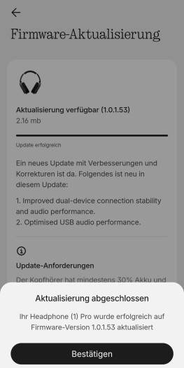 Ein Update für den Headphone (1) Pro ist angenehmerweise nach wenigen Minuten erledigt. (Bild: Nothing/Screenshot: Golem)