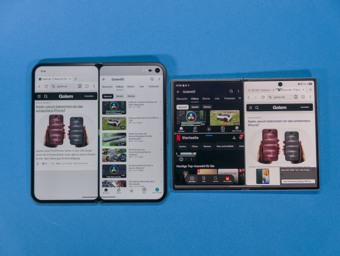 Beim Multitasking können wir auf dem Fold 8 drei Apps gleichzeitig im Splitä-Screen verwenden, auf dem Pixel nur zwei. (Bild: Tobias Költzsch/Golem)