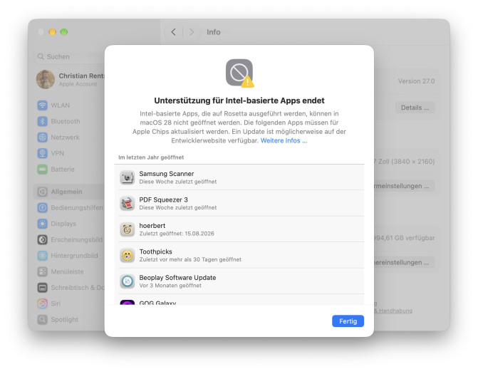 MacOS 27 zeigt eine Liste der bald obsoleten Intel-Apps. (Screenshot: Christian Rentrop)