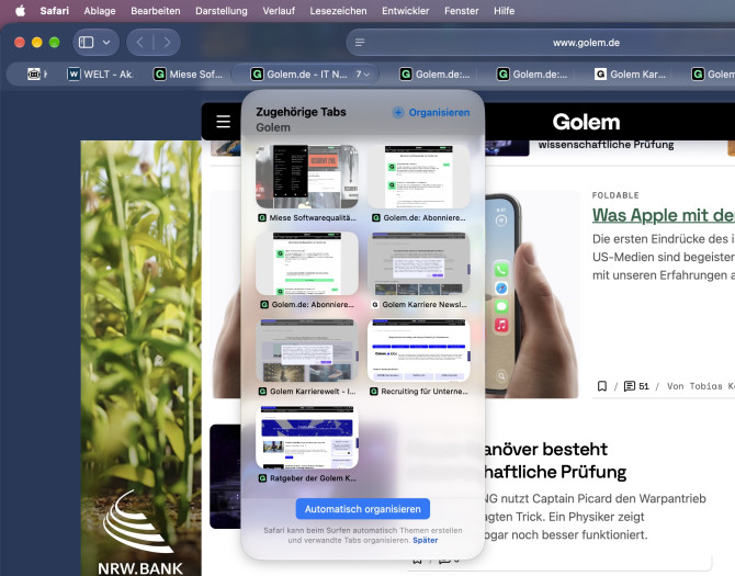Safari wurde um viele kleine KI-Extras wie die Tab-Sortierung erweitert. (Screenshot: Christian Rentrop)