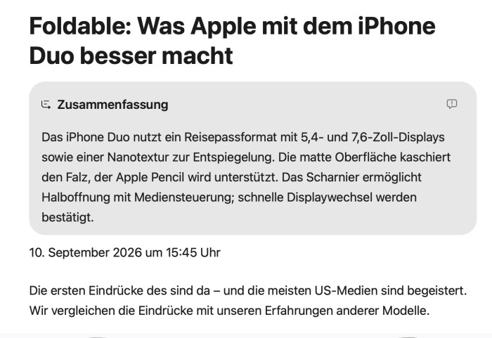 Safari kann Texte jetzt noch besser zusammenfassen. (Screenshot: Christian Rentrop)