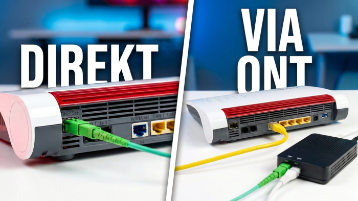 Fiber-Fritzbox direkt an die grüne Glasfaser? Klingt logisch! Rechts: Jedwede Fritzbox per LAN-Kabel hinter das schwarze Glasfaser-Modem? Kann oft klüger sein! (Bild: KI-generiert mit Google Gemini)