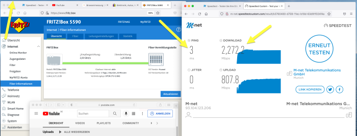 Mein Speedtest mit der Fritzbox 5590 Fiber anno 2022 an einer performanten GPON-Glasfaser-Leitung im Testlabor von M-net. (Bild: Harald Karcher)