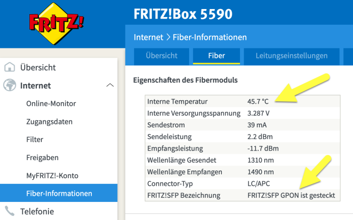 Wenn die Glasfaser direkt in der Fritzbox endet, lassen sich viel detailliertere Infos auslesen als bei einer Lösung nur hinter einem externen ONT-Modem. (Bild: Harald Karcher)