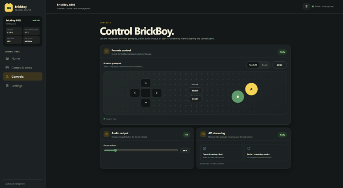 Im Webinterface können wir den Brickboy steuern. (Bild: Oliver Nickel/Golem)