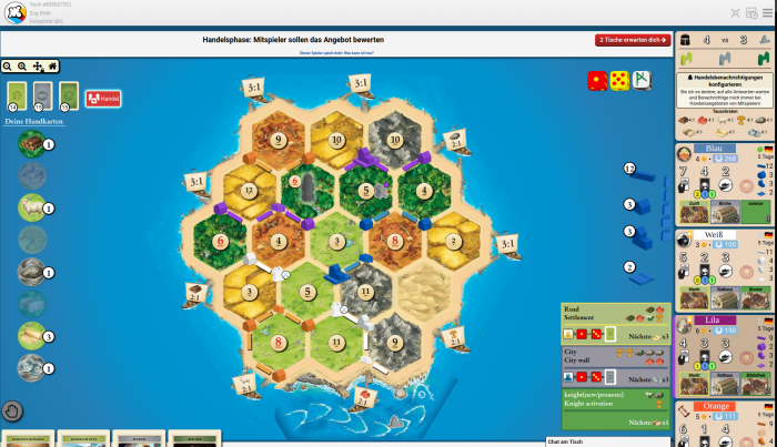 Spieleklassiker in der Board Game Arena: Eine Runde Catan ist nur mit der Städte-und-Ritter-Erweiterung richtig komplett. (Screenshot: Fabian Mauruschat)
