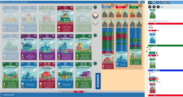 Das japanische Städtebau-Kartenspiel Machi Koro läuft bei Yucata sauber und übersichtlich ab. (Screenshot: Fabian Mauruschat)
